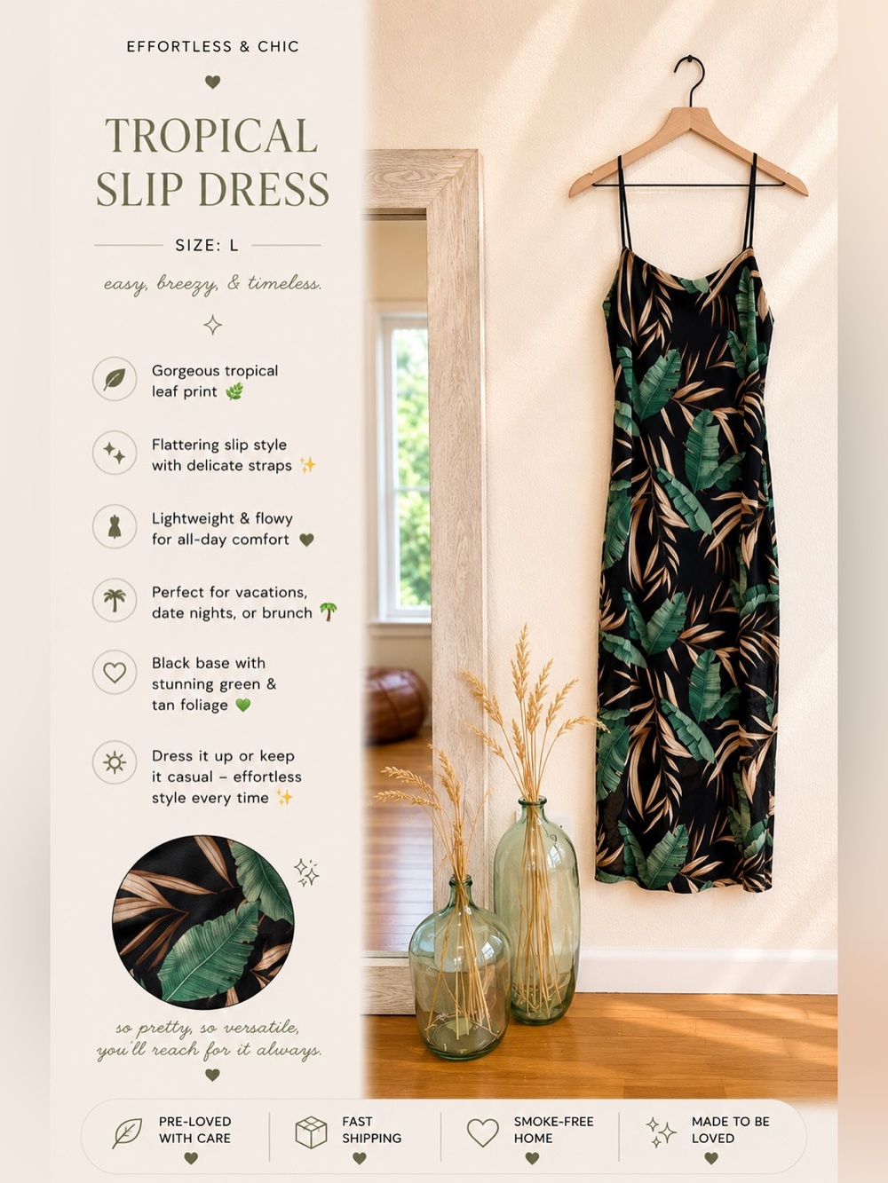 🌿🤎 Tropical Leaf Midi Dress • Size L 🤎🌿